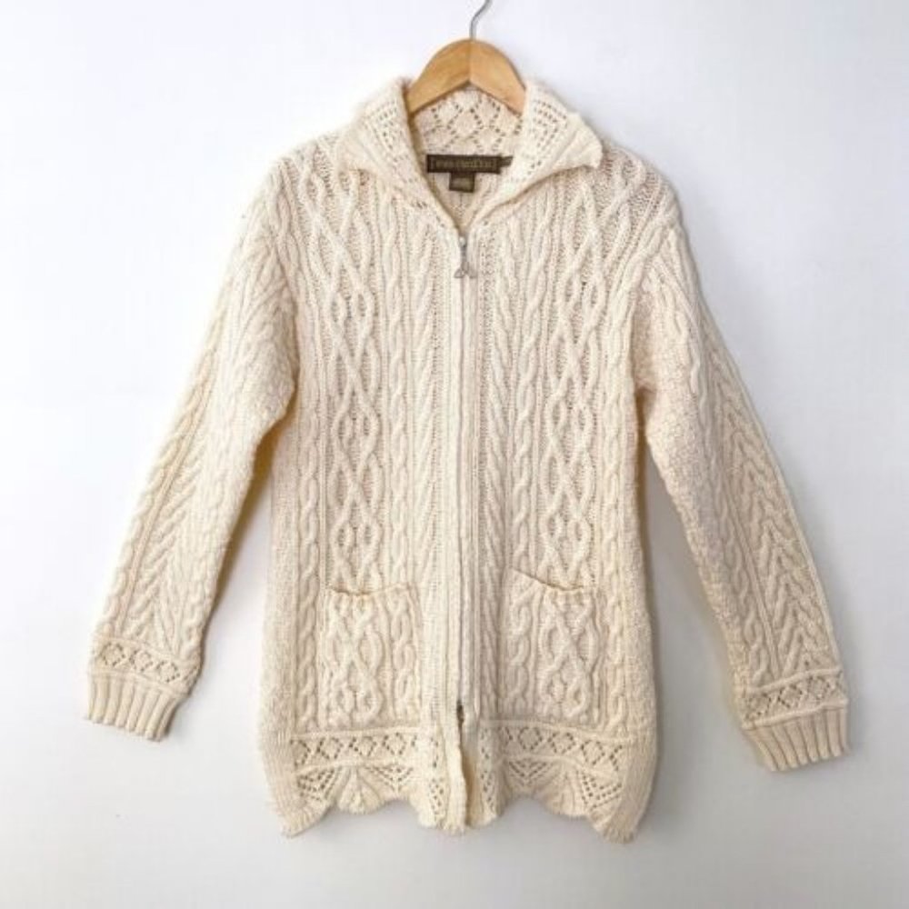 INIS Crafts Ireland Merino Wool Zip Front Tunic Cardigan Small